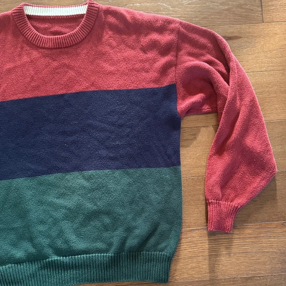 Vintage Men's Colorblock Crewneck Sweater - Red, Navy & Green w/ White Stripes